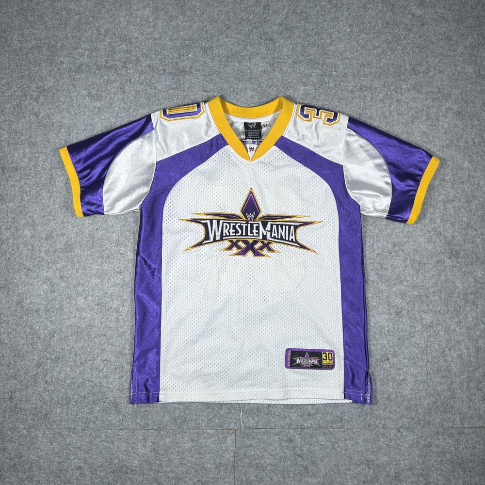 WWE WrestleMania 30 Jersey Kids YL White Purple Gold New Orleans 2014 Wrestling